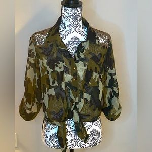 Cropped Sheer Camouflage button down tie front blouse